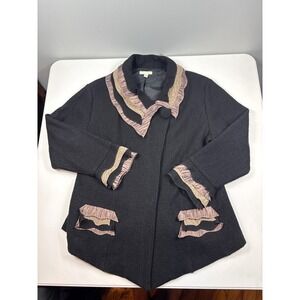 Carson 100% Wool Avant Garde Ruffle Trim Jacket‎ Artwear Black Gold XL